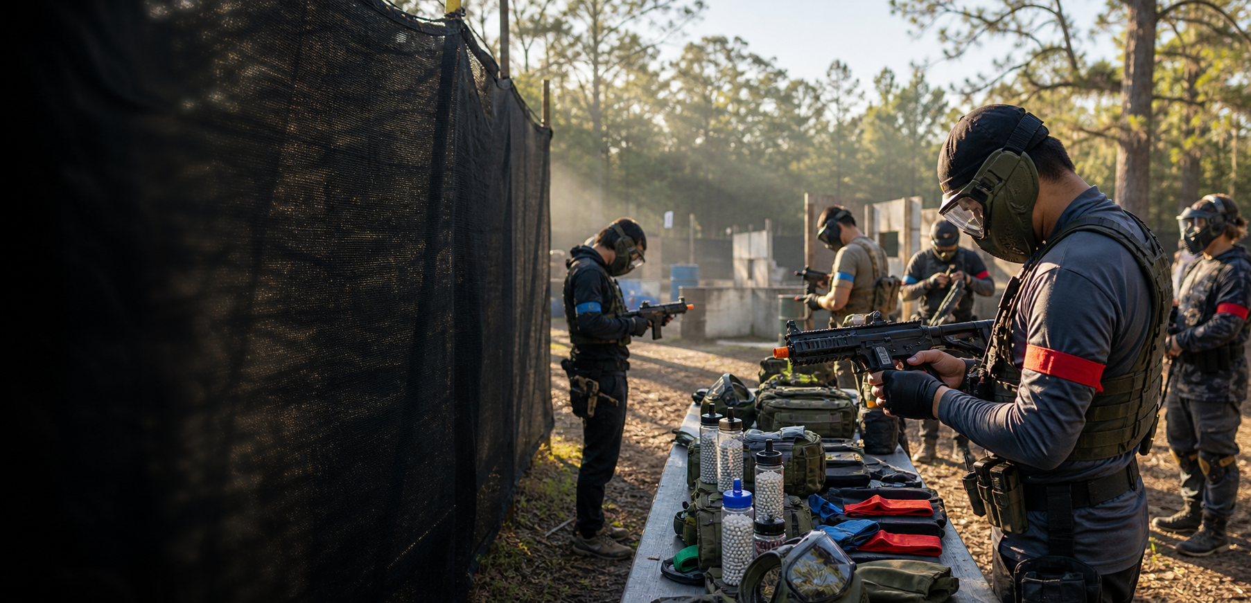 Airsoft players preparing for a recreational game day at an outdoor field